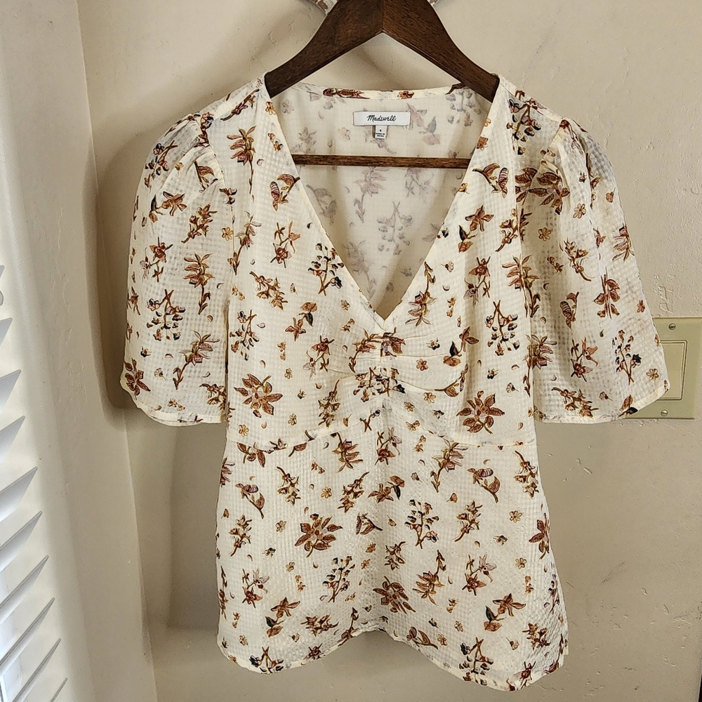 Madewell Cream and Brown Floral Top